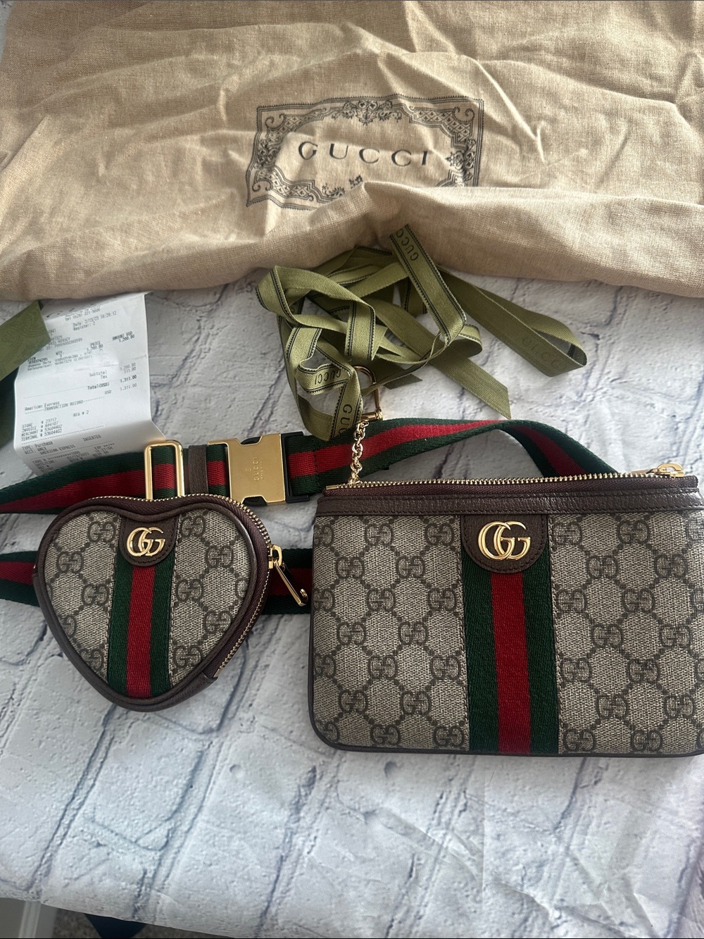 Belt bag.Gucci Beige GG Canvas Double Pouch Belt Bag with Green & Red Web Stripe